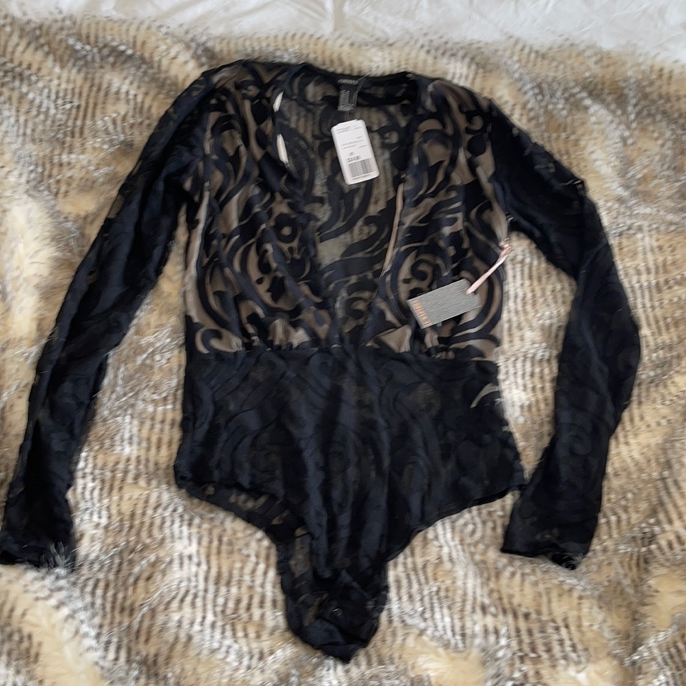 Forever 21 sheer velvet deep v neck bodysuit black